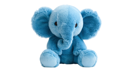 Blue plush elephant toy isolated on transparent background, perfect for childhood play or as a soft, adorable baby gift. Furry and cuddly, this cute animal toy brings joy to kids.
