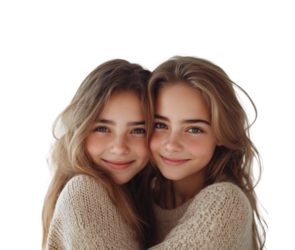 Sisters embracing joy portrait bright isolated on transparent background, png