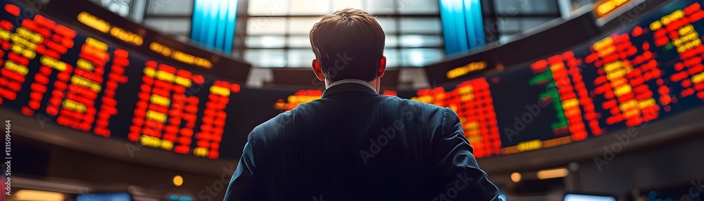 Poster a trader monitoring stock prices in a bustling financial market environment filled with digital disp