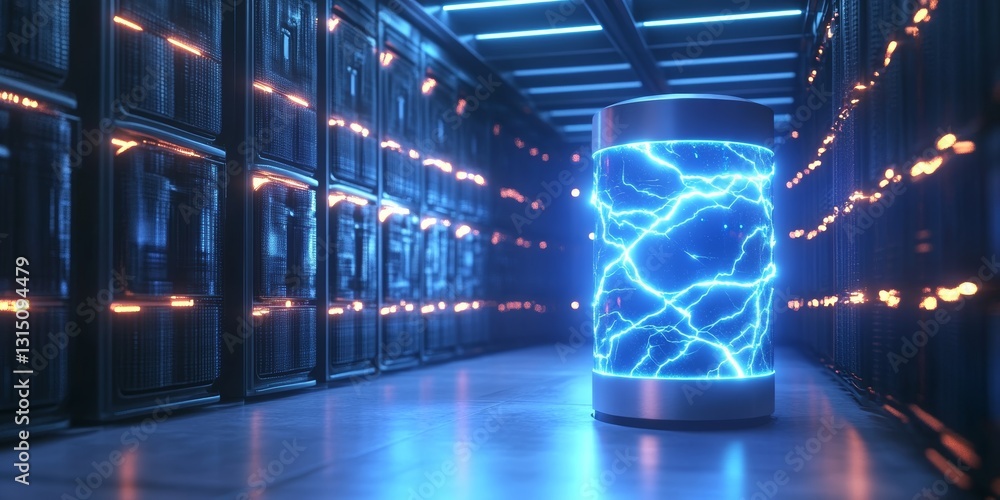 Poster a stunning view of a high-tech data center featuring a glowing power cylinder surrounded by server r