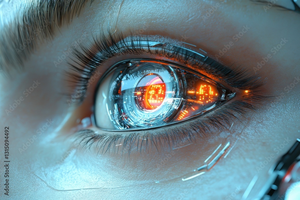 Poster futuristic close-up of a human eye with digital and robotic elements reflecting advanced technology 