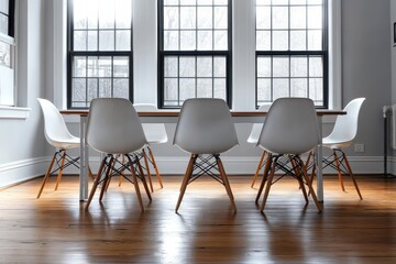 Modern dining room with wooden table and minimalist chairs in a well-lit space