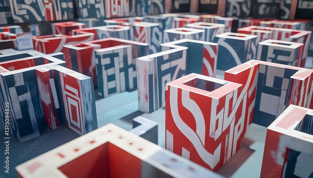 Poster an abstract maze design with vibrant colors, showcasing creative architectural elements and visual c