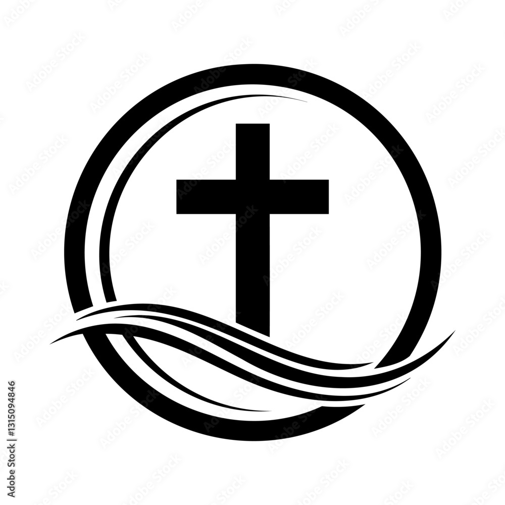 Aufkleber christian cross icon. christian cross inside circular frame with wave design. church symbol. vector 