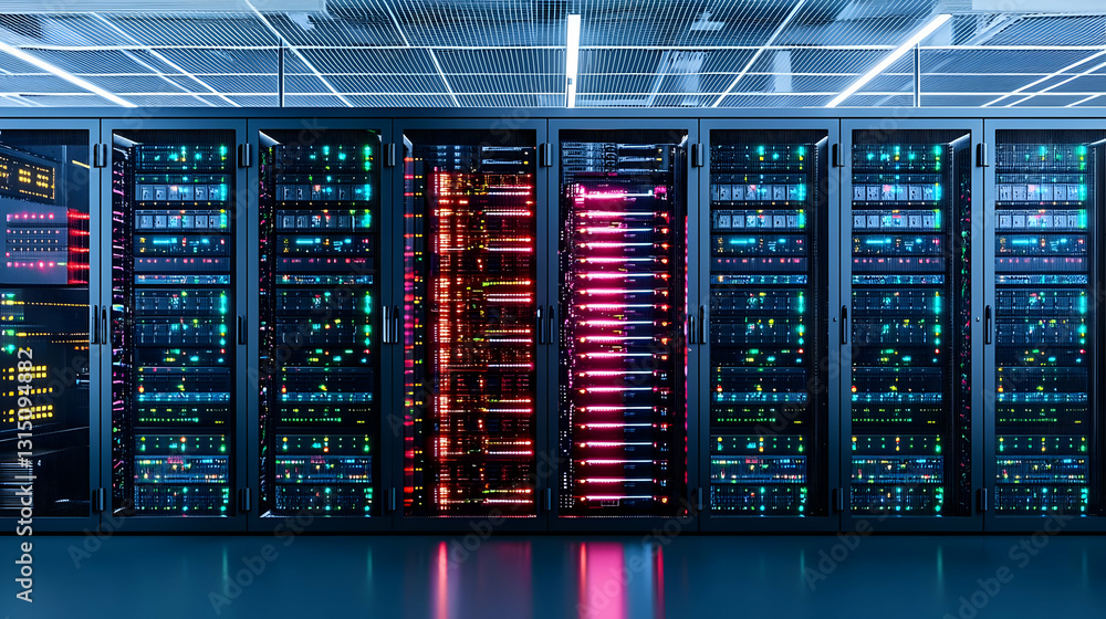 Aufkleber modern data center with server racks and colorful lights reflecting on the dark floor in a futuristi