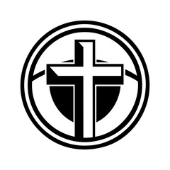 Christian cross icon. Abstract round christian cross logo. Black church symbol. Vector illustration