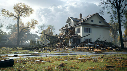 Two Story Suburban House Damaged By Storm With Fallen Tree and Debris in Overcast Autumn Day
