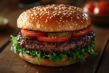 Juicy hamburger with fresh lettuce, tomatoes, and pickles on a sesame seed bun served on a rustic wooden table