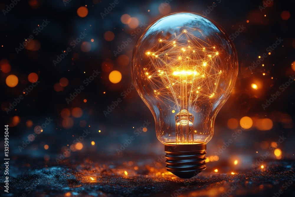 Poster light bulb shines with glowing filaments on dark background creating a magical atmosphere at dusk