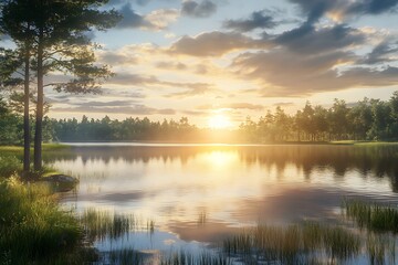Fototapeta premium Serene lakeside view at sunrise with reflections and lush greenery.