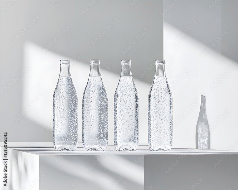 Poster elegant display of sparkling water bottles reflecting light in a minimalist setting.