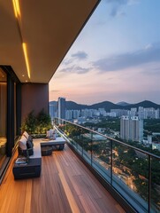 Fototapeta premium Luxurious Outdoor Balcony with Views Overlooking a City at Sunset