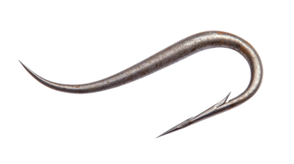 Isolated metal hook, a sharp steel fishhook for anglers, ideal for fishing equipment or tool-related content.
