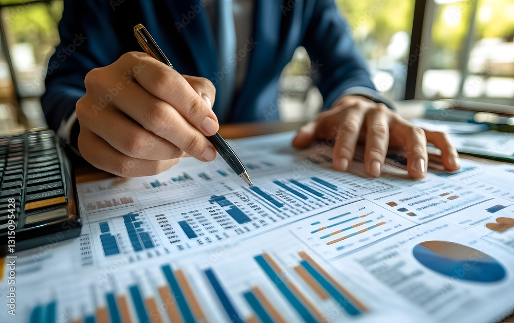 Poster professional analyzing financial data with graphs and charts in an office setting for effective deci