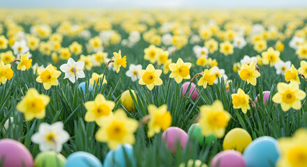 Fototapeta premium Colorful Easter Eggs Hidden Among Daffodils in Blooming Field