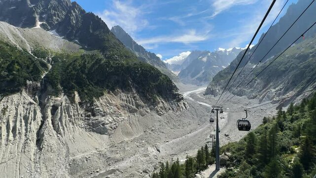 View of Mer de Glace glacier from a gondola in the French Alps