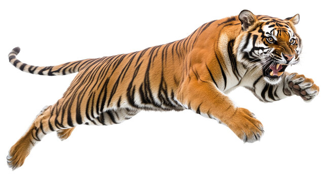 Jumping roaring Bengal tiger isolated, representing a powerful wild predator, perfect for jungle, wildlife, and safari-themed visuals.