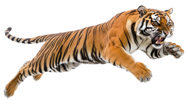 Jumping roaring Bengal tiger isolated, representing a powerful wild predator, perfect for jungle, wildlife, and safari-themed visuals.