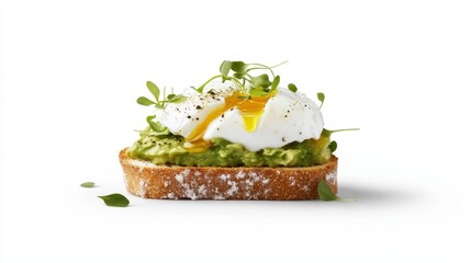 A fresh avocado toast topped with a poached egg on a white isolated background