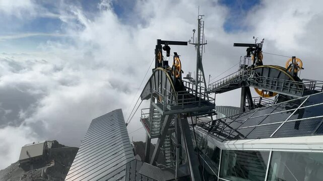 Cable car station above the clouds at Punta Helbronner in Mont Blanc massif