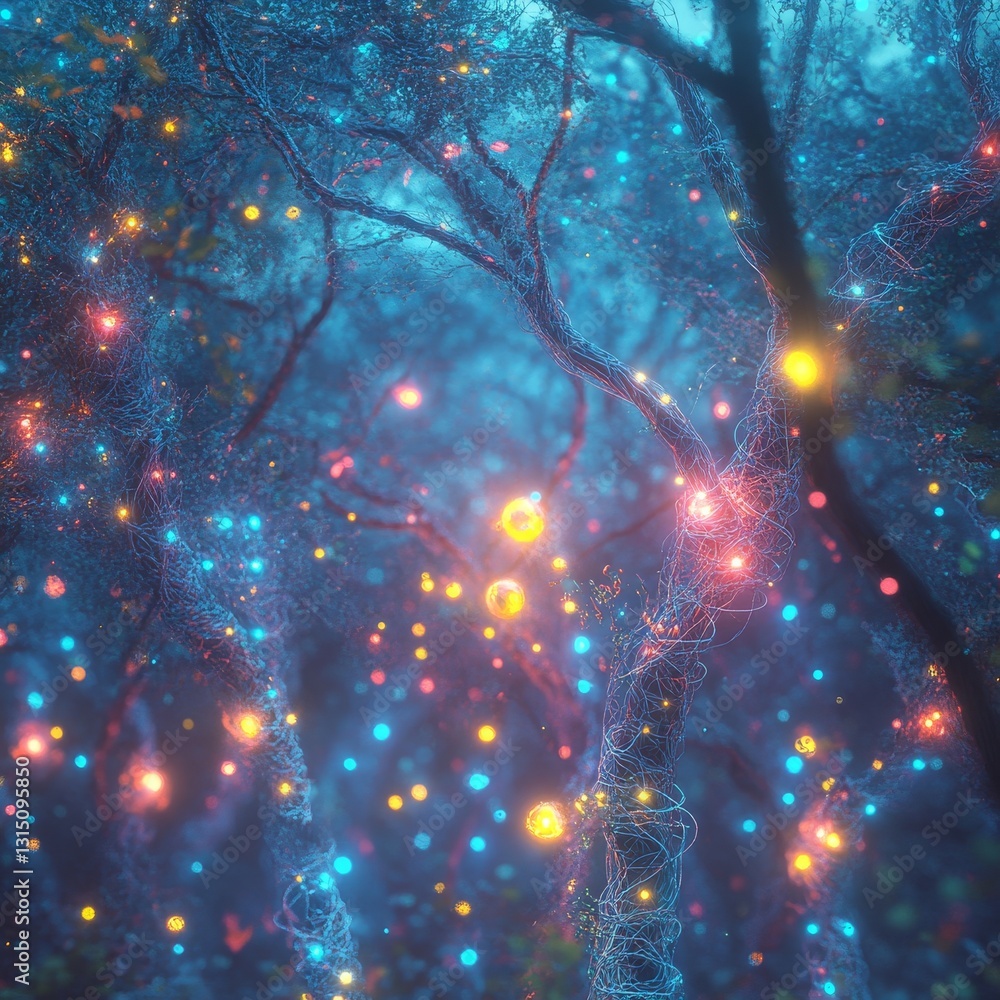 Poster a tree with many lights on it. the lights are in different colors and are scattered all over the tre