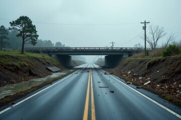 Fototapeta premium A Desolate Highway Under a Bridge After a Severe Storm Debris Litters the Road, Showing the Aftermath of a Natural Disaster