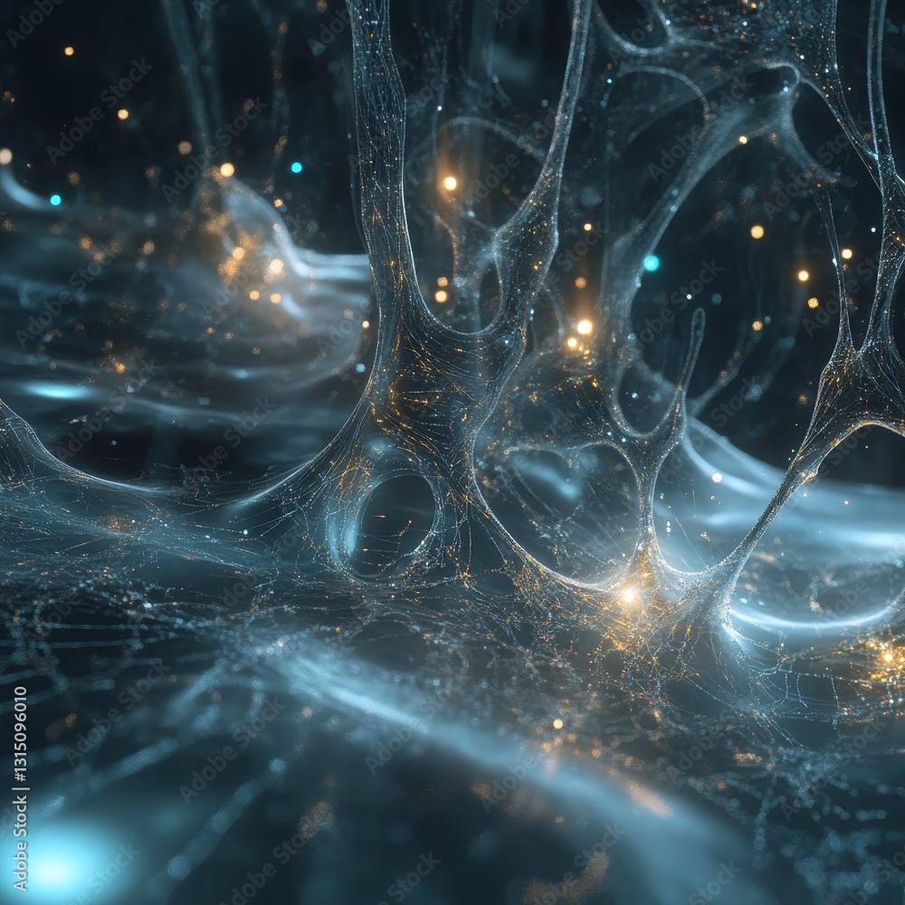 Poster this abstract image features intricate light patterns and glowing particles against a dark backdrop,