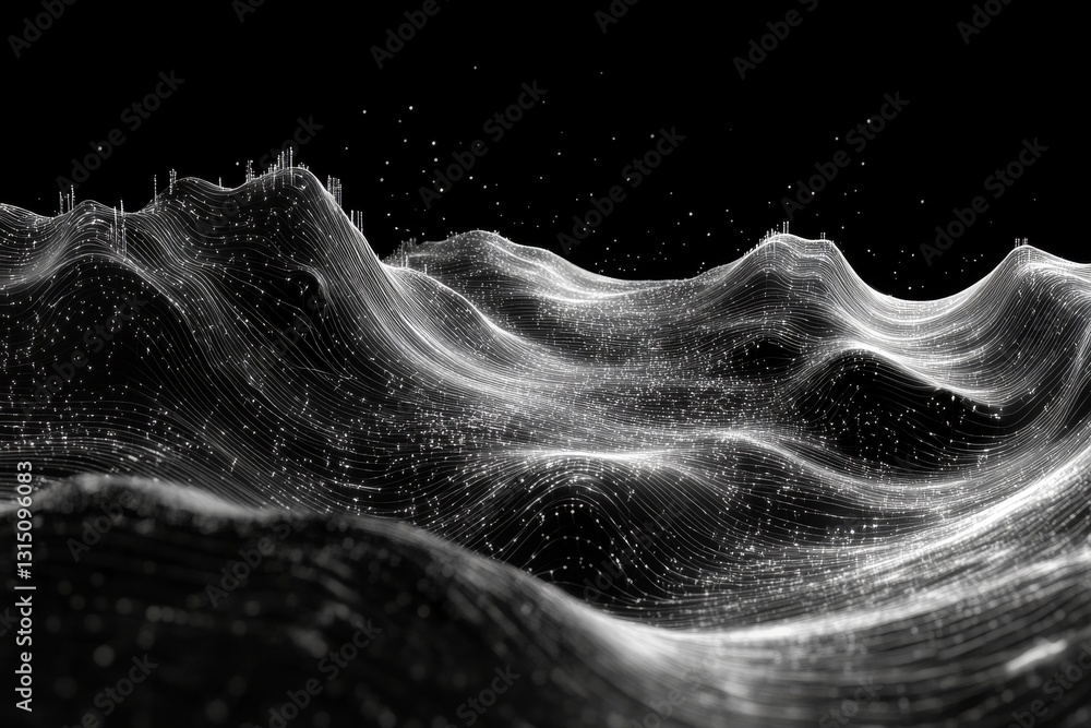 Poster a black and white image of a wave with a lot of dots. the image has a futuristic and abstract feel t