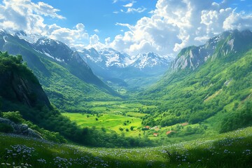 Fototapeta premium A serene valley surrounded by majestic mountains and lush greenery under a bright sky.