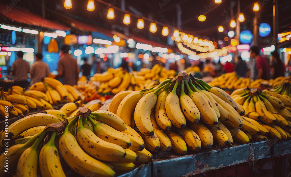 Poster bunch of bananas are piled up on a table. the bananas are yellow and appear to be ripe