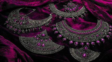Obraz premium Ornate silver necklaces with purple stones on dark red fabric. Perfect for jewelry websites or fashion blogs
