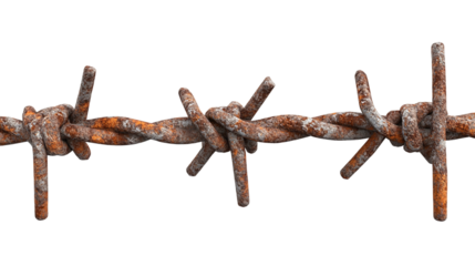 Rusty barbed wire isolated, representing prison, jail, or military barriers, perfect for security, defense, or caution-themed content.