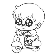 Boy feels happy riding scooter alone, for coloring