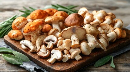 Stunning Display of Assorted Mushrooms Including Oyster, Shiitake, and Button on a Rustic Wooden Board with Sage