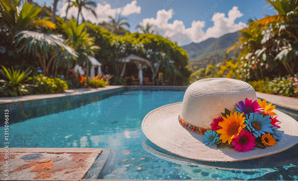 Poster white hat with flowers on it is floating in a pool. the hat is placed on the edge of the pool, and t