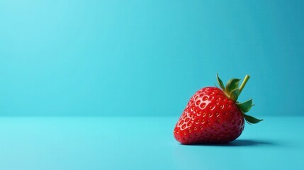 A single ripe strawberry rests on a vibrant teal background, showcasing its rich red color and detailed texture.
