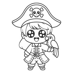 Girl becomes a pirate with birds, for coloring