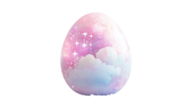 Easter egg covered in soft pastel clouds and twinkling stars, dreamy aesthetic, isolated on white background --ar 16:9