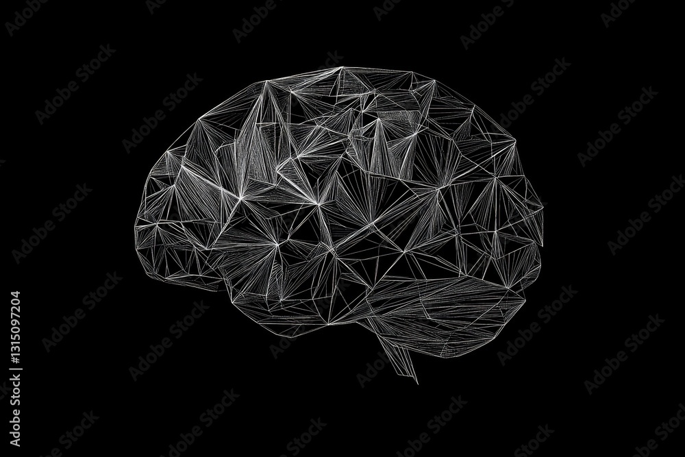 Poster a brain with a lot of lines and dots on it. the brain is shown in a black background