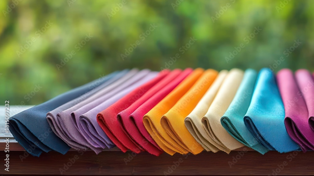 Aufkleber array of colorful fabric swatches displayed on a wooden surface with blurred green background