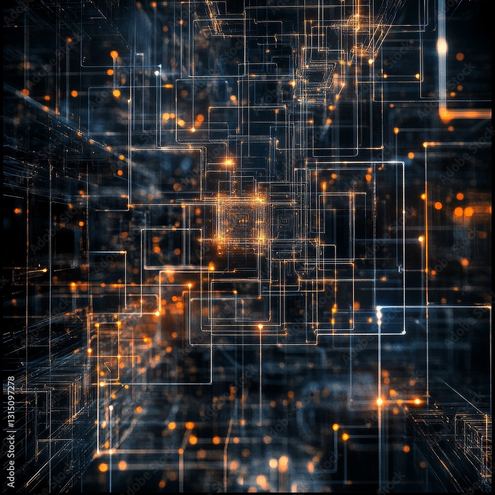 Aufkleber explore an abstract representation of a digital network featuring glowing lines and light elements, 