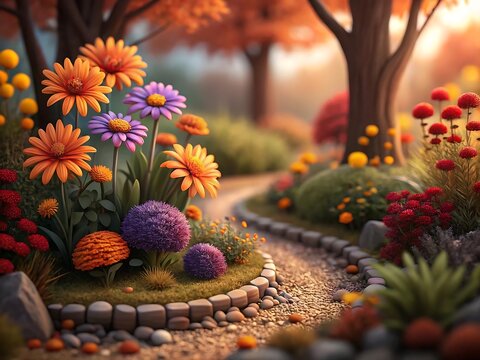 Vibrant Garden Path with Colorful Flowers and Pebbles, Flower cute illustration background, wellpaper 