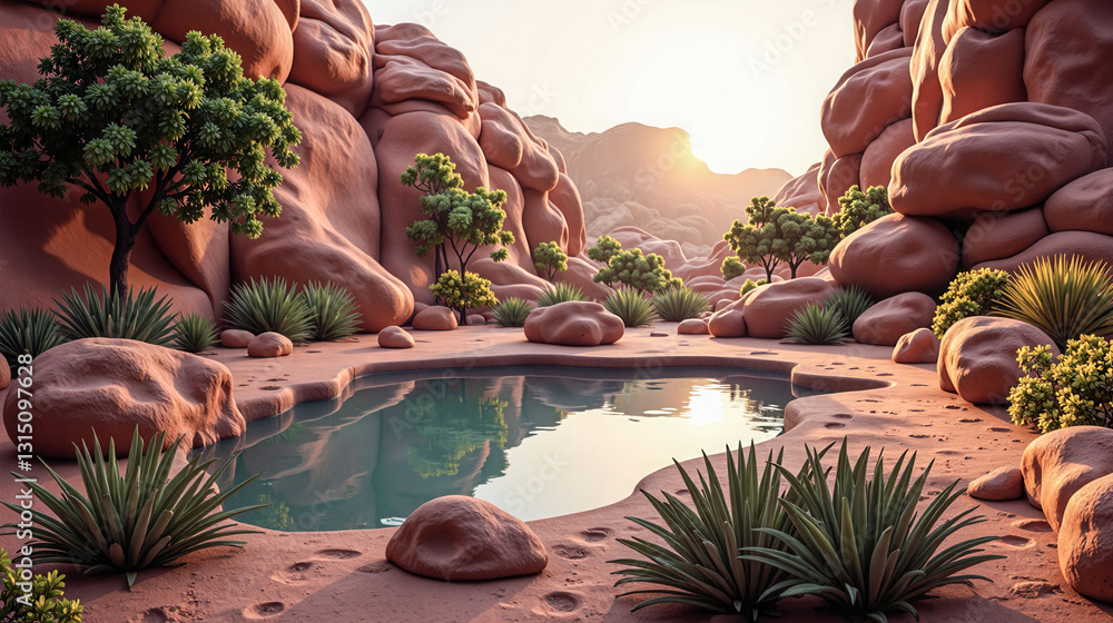 Poster a desert scene with a small pond in the middle. the pond is surrounded by rocks and trees. the sun i