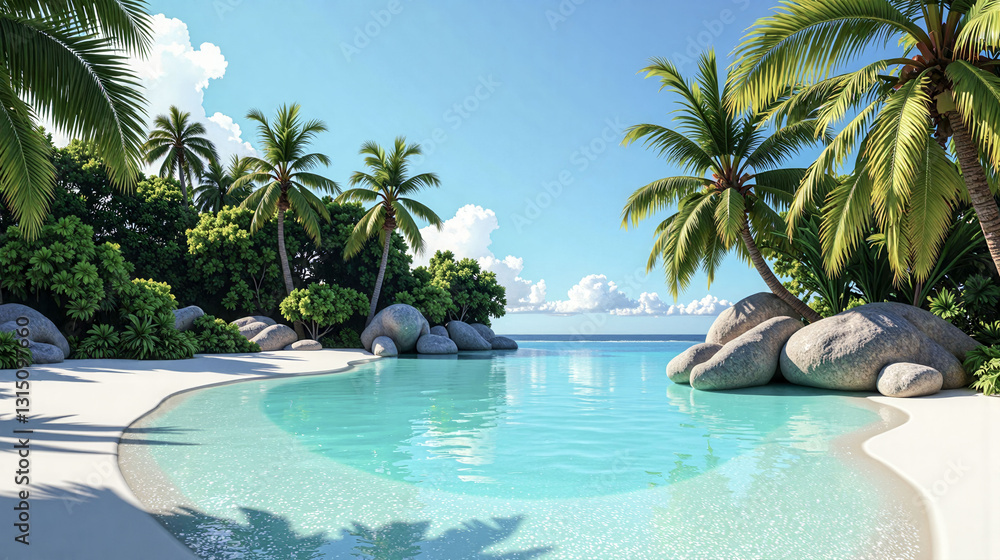 Poster a beautiful beach with a pool and palm trees. the pool is surrounded by rocks and the water is cryst