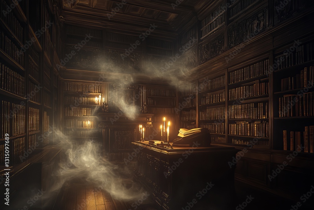 Poster mysterious library with candles and enigmatic fog in twilight