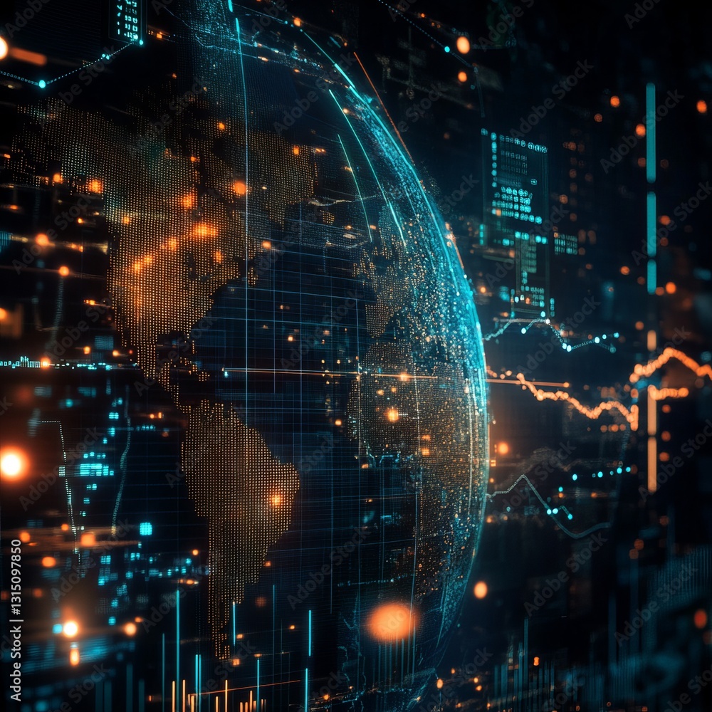 Poster futuristic digital globe showcasing data flow and innovation in technology