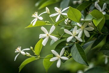 Botanical Jasmine Illustration: Delicate White Flowers and Lush Green Leaves