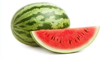 A large juicy watermelon with a slice cut out on a white isolated background