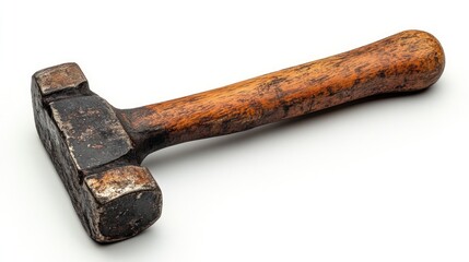 Worn vintage hammer on white background