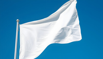 White flag waving in the wind on flagpole, isolated on blue background, closeup. with white shades